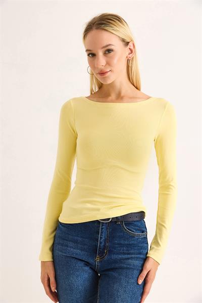 Geniş Yaka Rahat Uzun Kollu Bluz Sarı