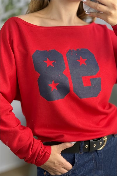 Kayık Yaka Viskon 98 Baskılı  Uzun Kollu Tshirt