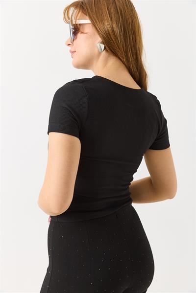 Kadın Çıtçıtlı Kısa Kollu Kaşkorse  Bluz Siyah