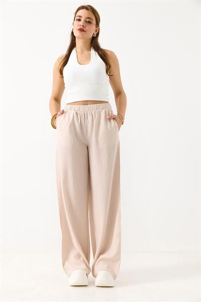 Kadın Taş Detaylı Bol Kesim Keten Görünümlü Pantolon Krem