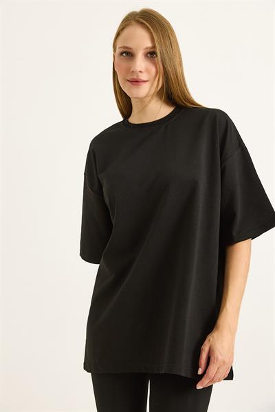 Sırt Baskılı Oversize Bisiklet Yaka Tshirt Siyah