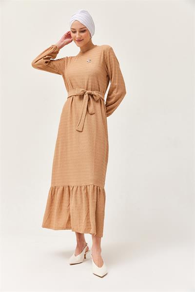 Kuşaklı Kat Keten Elbise Vizon