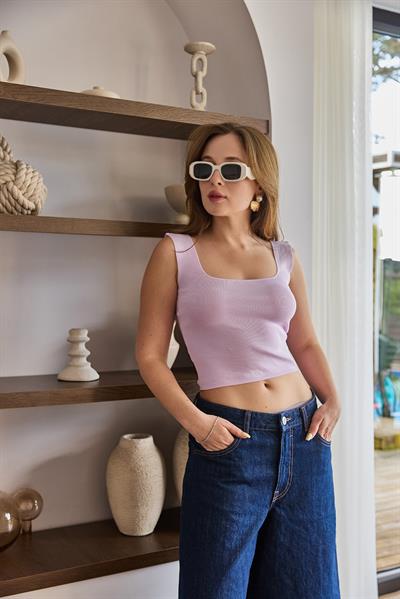  Kare Yaka Crop Triko Bluz Lila