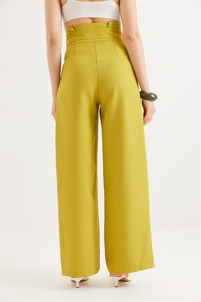 Yüksek Bel  Kemerli Bol Paça Pantolon Yeşil