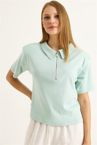 Polo Yaka Yarı Fermuarlı  Kadın Tshirt Yeşil