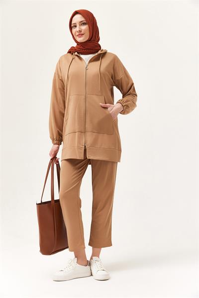 Kadın Kapüşonlu Fermuarlı İkili Takım Vizon