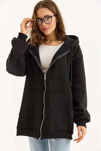 Kadın Taş Detaylı Üç İplik Oversize Kanguru Cep Sweat Hırka Siyah