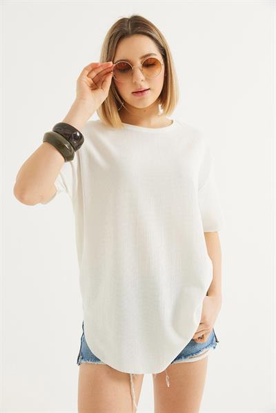 Bisiklet Yaka  Kısa Kol Basic Tshirt Beyaz