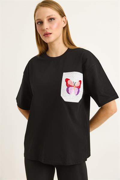 Nakış Detaylı Bisiklet Yada Basic Tshirt Siyah