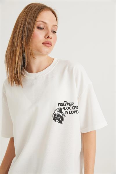Baskılı Oversize İki İplik Tshirt Ekru