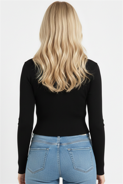 Kadın Uzun Kollu Kaşkorse Yıldız Nakışlı Crop Bluz Siyah