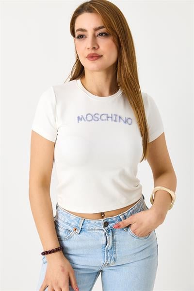 Kadın Kısa Kollu Taş Detaylı  Crop Bluz Ekru