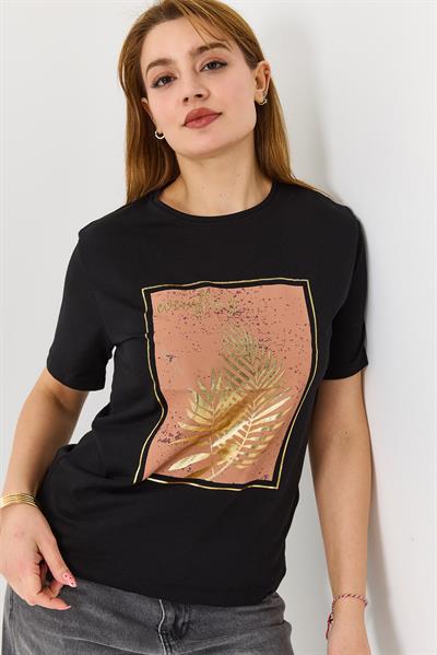 Kadın Palmiye Parlak Baskılı Siyah Tshirt