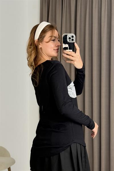 Kadın Siyah  Rahat Esnek Güpürlü Uzun Kollu Tşhirt