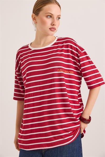 Karikatür Up Baskılı Çizgili Salaş Tshirt Kırmızı