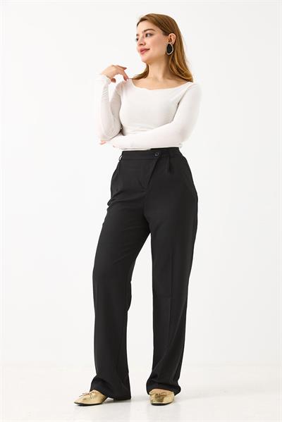 Kadın Çapraz Düğmeli Yüksek Bel Kumaş Pantolon Siyah