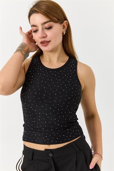 Kadın Taş Detaylı Kaşkorse Kalın Askılı Bluz Siyah