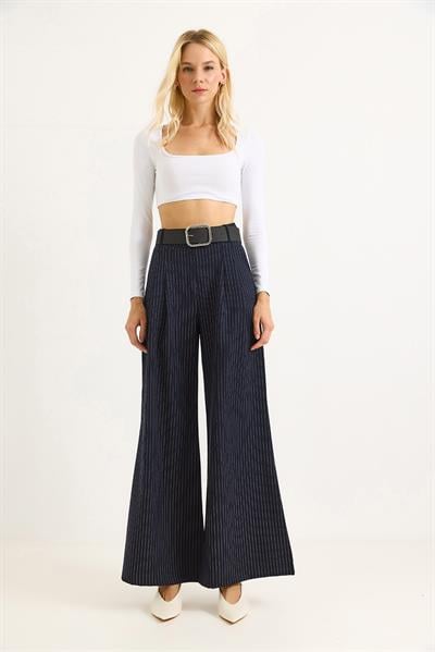 Keten Karışımlı Palazzo Pantolon Lacivert