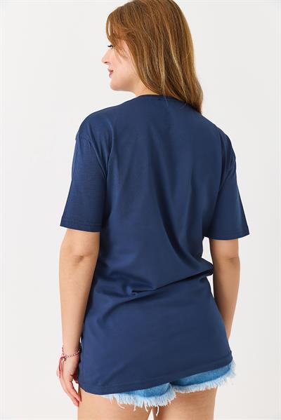 Kadın Parlak Yazılı Baskılı Tshirt Lacivert