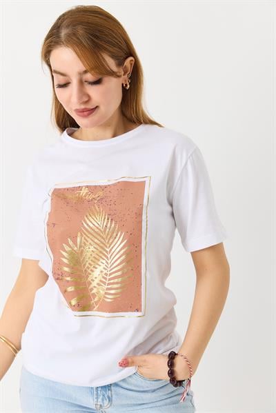Kadın Palmiye Parlak Baskılı Tshirt Beyaz