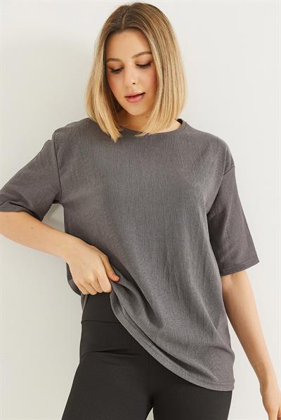 Bisiklet Yaka  Kısa Kol Basic Tshirt Gri