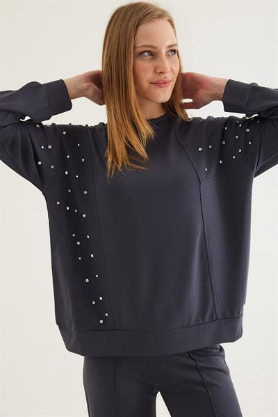 Taş Detaylı Modal Sweatshirt Füme