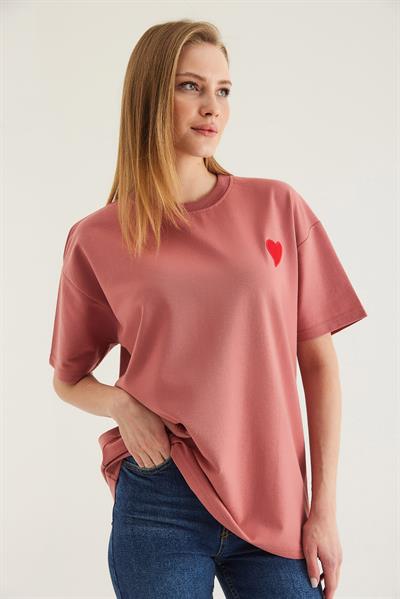 Bisiklet Yaka  Kısa Kol Basic Tshirt Pudra