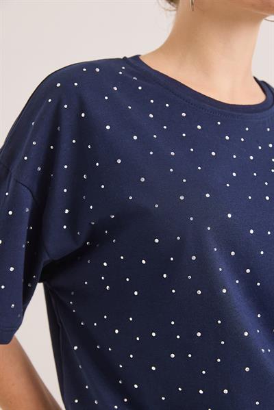 Taş Detaylı Rahat Kalıp Premium Pamuk Tshirt	Lacivert