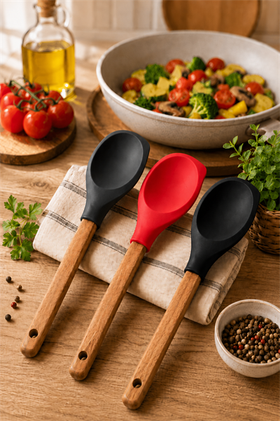 Ahşap Saplı Slikon Uçlu Spatula Kaşık 30 CM 