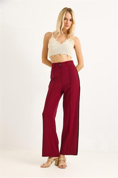 Yanları Şeritlik Bol Paça Kadın Pantolon Bordo