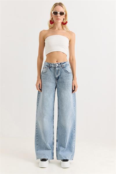 Kadın Bol Kesik Paça Şık Kot Pantalon  Açık Mavi