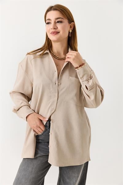 Kadın Oversize Müslin Kumaş Basic Gömlek Bej