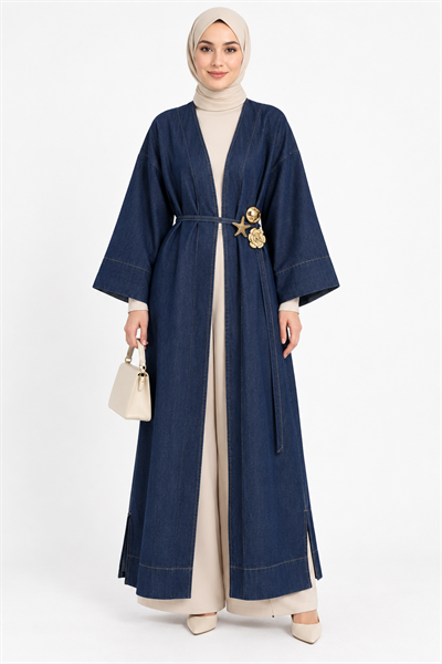 Kadın Yanları Yırtmaçlı Önden Bağlama Ve Charm Detaylı Jean Kap/Abaya Lacivert