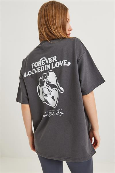 Baskılı Oversize İki İplik Tshirt Füme