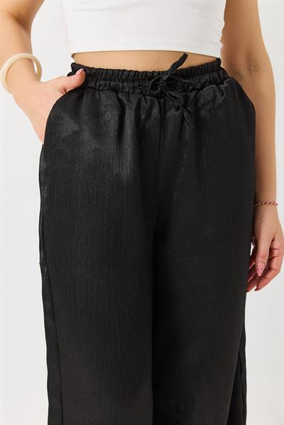 Kadın Saten Bol Kesim Salaş Beli Lastikli Pantolon Siyah