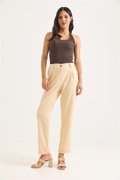 Beli Lastikli Katlı Paça Kadın Pantolon Krem