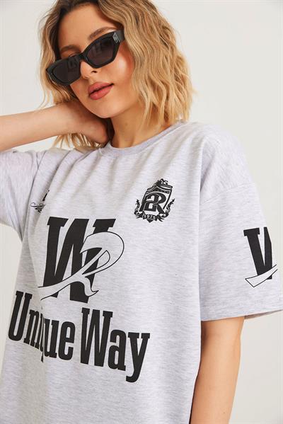 Bisiklet Yaka Baskılı Tshirt Açık Gri