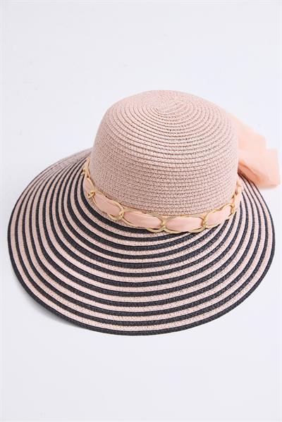 Zincir Fiyonk Aksesuarlı Hasır Şapka Pembe