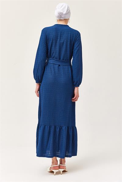 Kuşaklı Kat Keten Elbise Lacivert