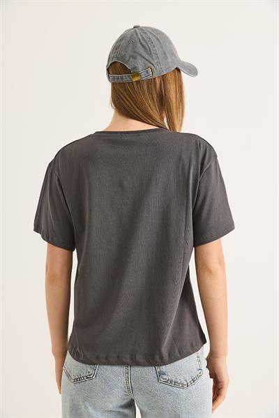 Bisiklet Yaka Kısa Kollu Fit Tshirt Füme