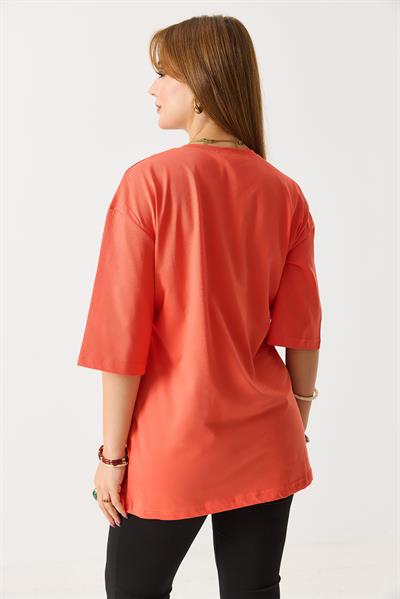 Kadın Bol Kesim Bisiklet Yaka Kısa Kol Tshirt Turuncu