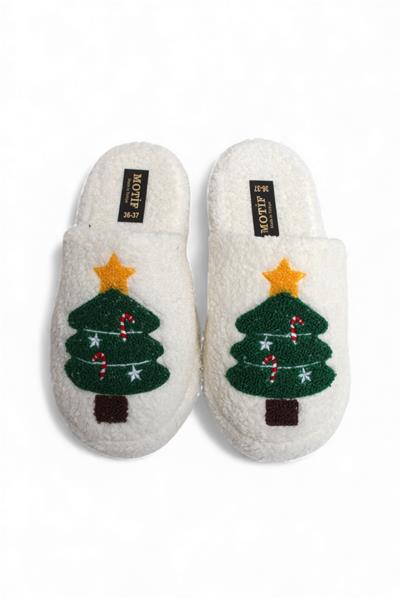 Kadın Yılbaşı Ağacı Figürlü Peluş Ekru Ev Terliği