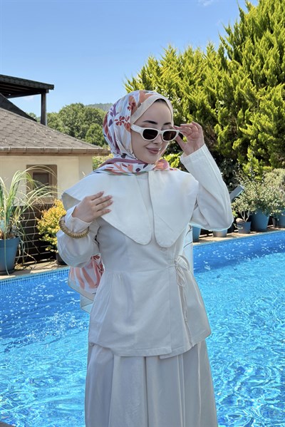 Kadın Eteği Lastikli Fistolu Şık Takım Bej