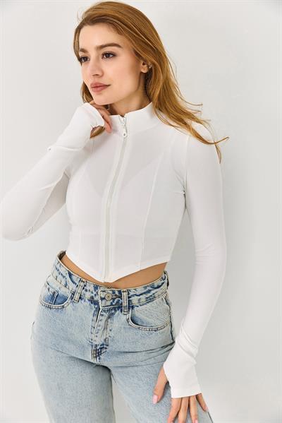 Kadın Polo Yaka Fermuarlı  Fitilli Kaşkorse Crop  Beyaz