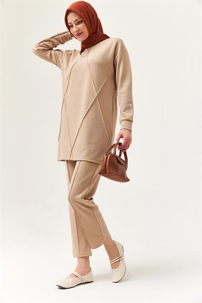 Kadın Çapraz Çizgili İkili Takım Bej