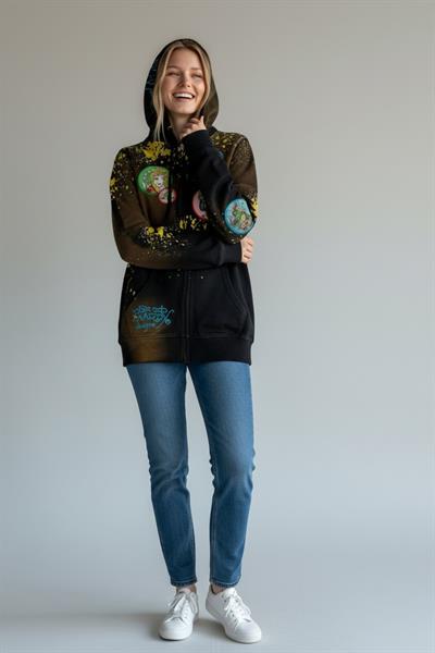 Kadın Fermuarlı Kapüşonlu Karışık Renk Vintage Sweatshirt