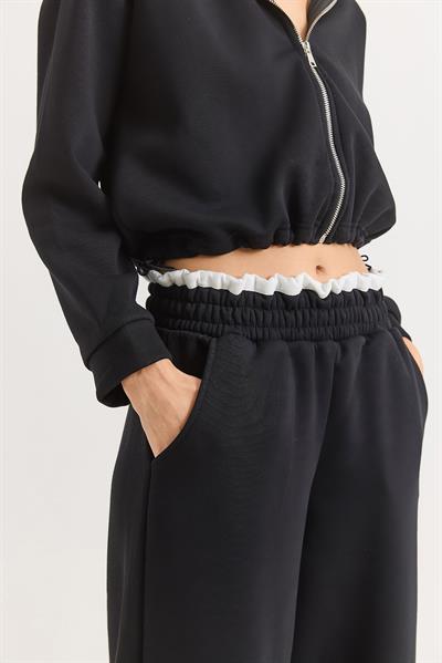 Kadın Beli ve Paçaları Ayalanabilr Lastıkli Crop Swet Eşofman Takımı Siyah