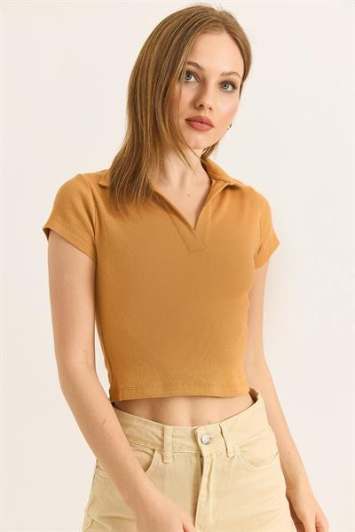 Polo Yaka Basıc Kısa Kollu Örme Kaşkorse Crop Bluz Taba