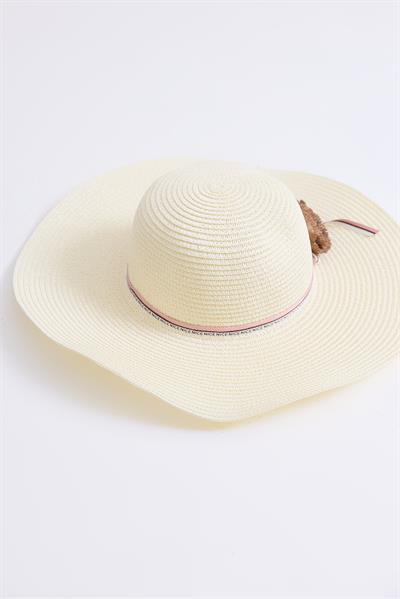 Aksesuarlı Hasır Kadın Plaj Havuz Bahçe Şapkası Krem