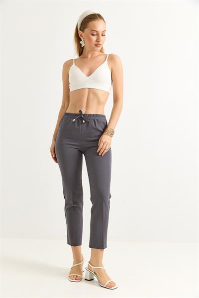 Beli Lastikli Kısa Paça Double Krep Pantolon Gri